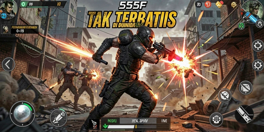 Gameplay intens di dalam 555F dengan pertempuran yang seru.