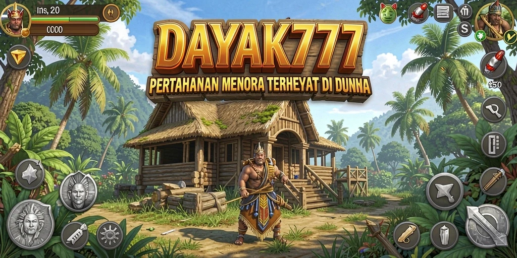 Screenshot dari gameplay DAYAK777 yang menampilkan menara bertahan melawan gelombang musuh.