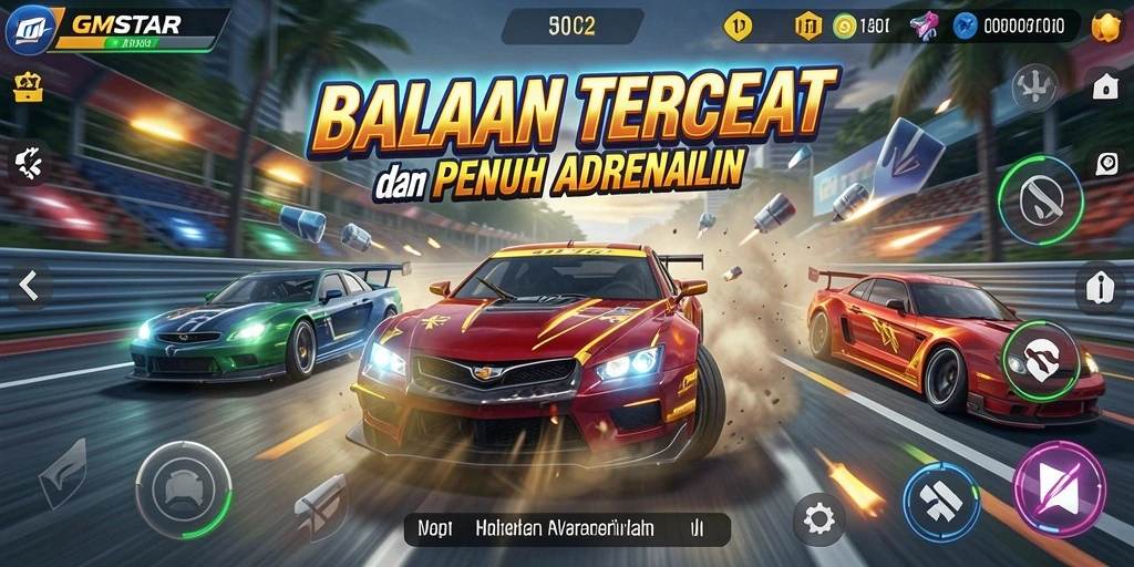 Screenshot GMSTAR menunjukkan aksi balapan mendebarkan dan grafis berkualitas tinggi.
