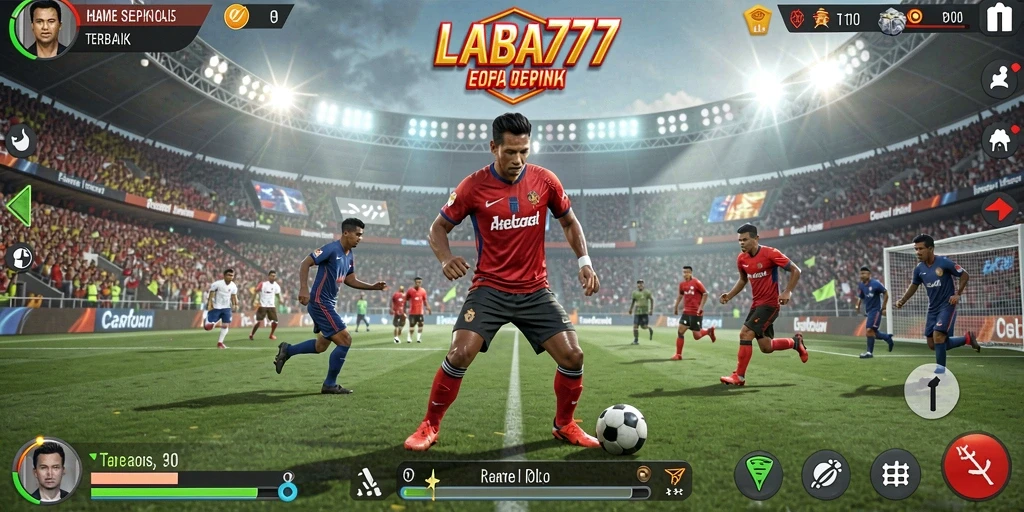 Tampilan utama LABA777 menampilkan aksi seru permainan sepak bola.