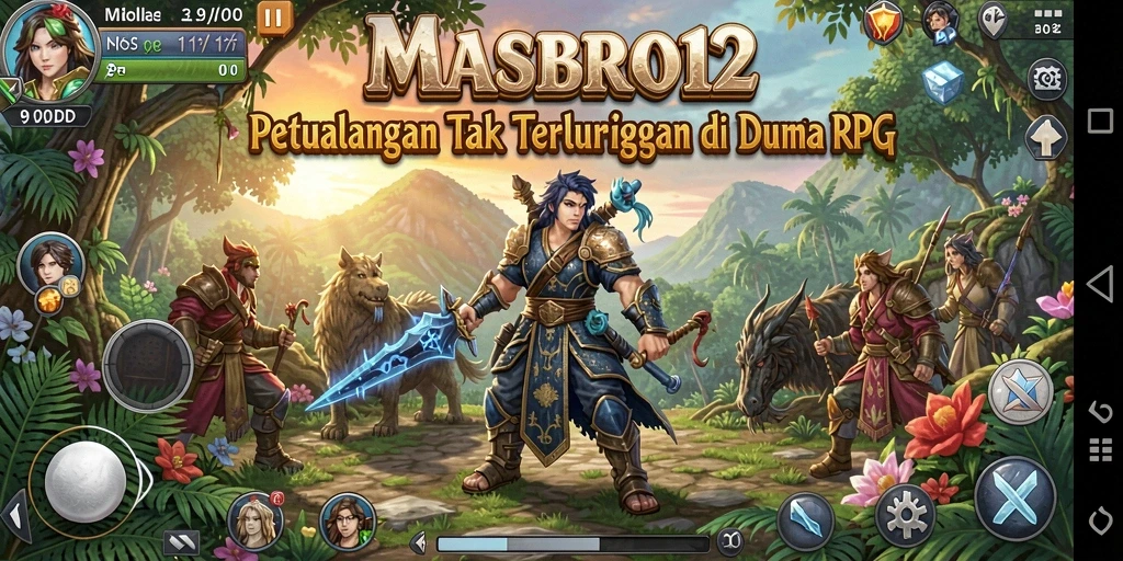 Screenshot utama MASBRO12 menampilkan pertarungan epik karakter RPG.