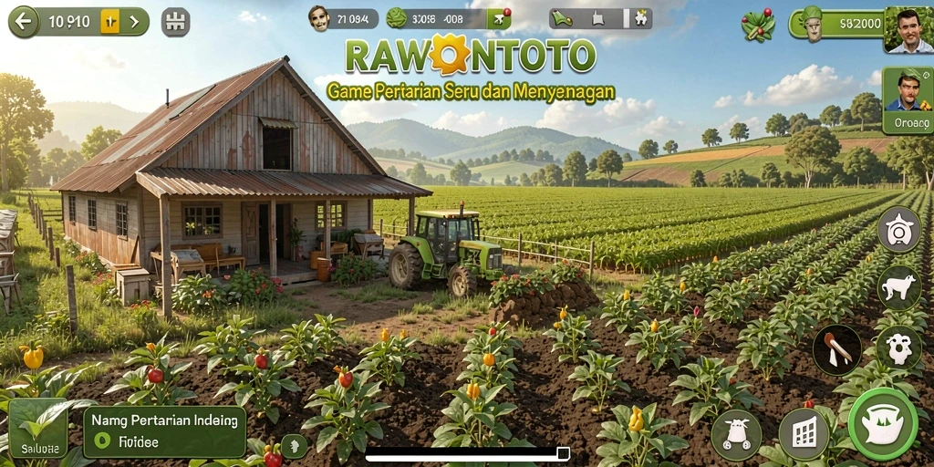 Tampilan utama gameplay RAWONTOTO menunjukkan keindahan lahan pertanian yang subur.