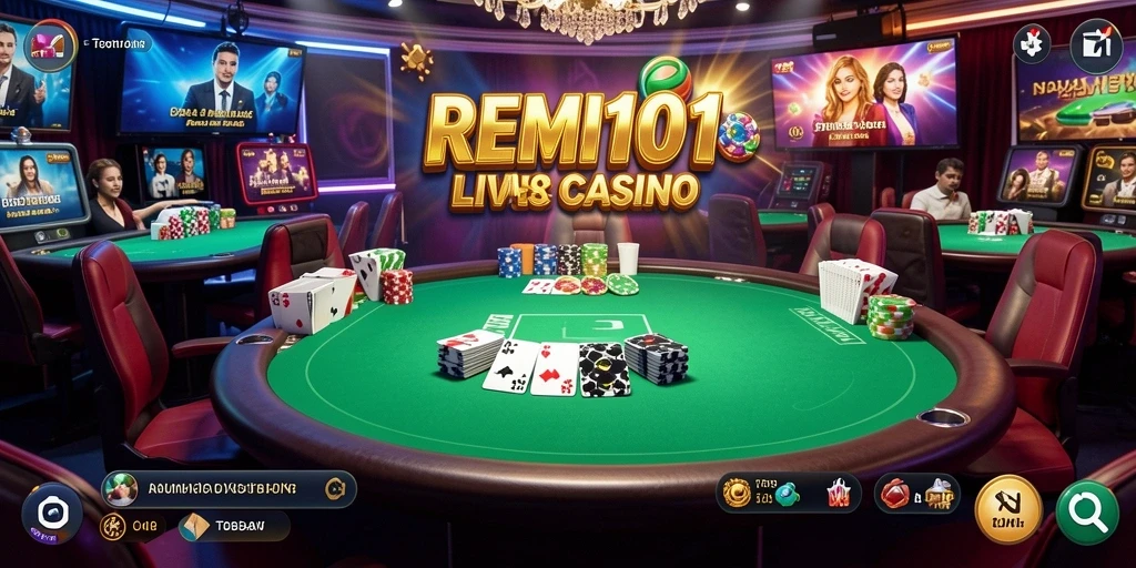 Screenshot gameplay Live Casino dari REMI101 yang menampilkan dealer langsung dan pemain.